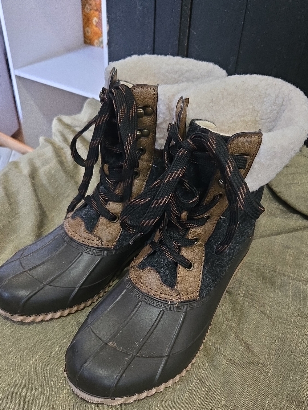 Maurices Black and Brown Sherpa-Lined Lace-Up Duck Boots